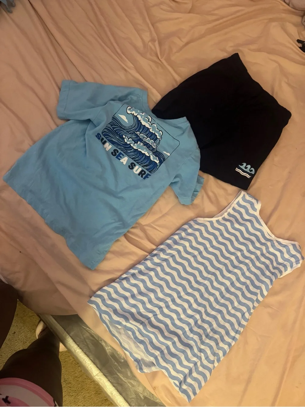 3-Piece Blue Casual Set - Tee, Shorts & Wavy Tank